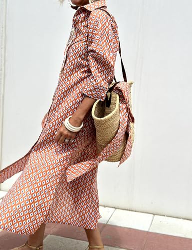 Image of MSBESYOR Women Button Down Striped Shirt Maxi Dress Casual Lapel 3 /4 Sleeve Belted Loose Vacation Long Dresses Orange