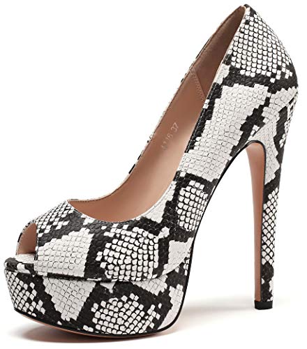 YODEKS Women's Peep Toe Platform Stiletto High Heel Pumps Thin Heel Dance Party Dress Shoes Patent Snakeskin 6.5 M US Size
