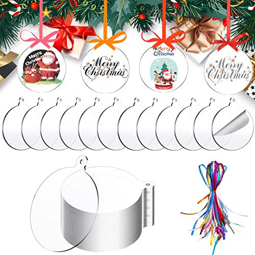 50 Pieces Christmas Hanging Ornaments Set 3Christmas Ornament Acrylic Blank with 50Pcs 25 Color Ribbons for Christmas Tree DIY Decor