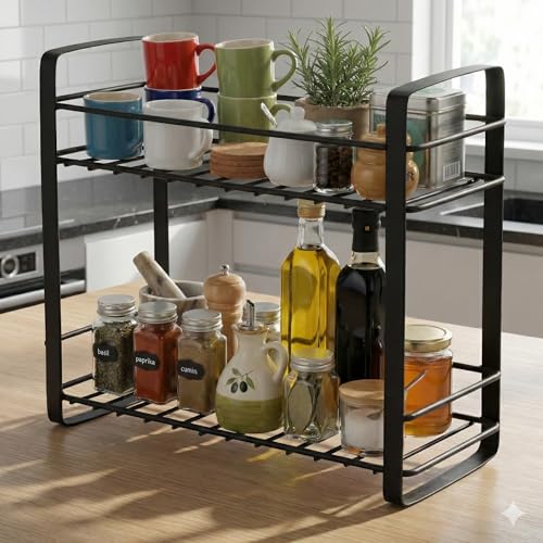 Image of TechSrmaji 2 Tier Stainless Steel Kitchen Rack | Multipurpose Storage Shelf for Kitchen & Bathroom | Rust Proof Dish Rack, Spice Organizer, Bathroom Shelf (Black)