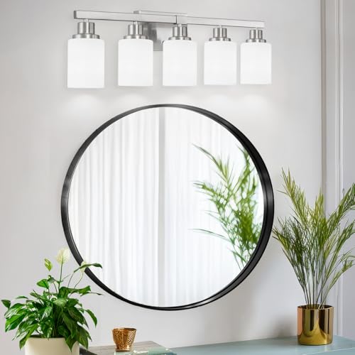 Image of 5-Light Bathroom Light Fixtures 30in Nickel Bathroom Vanity Light | White Frosted Ribbed Glass Shade Modern Bathroom Wall Lights over Mirror Farmhouse Wall Sconces for Bedroom E26 Base