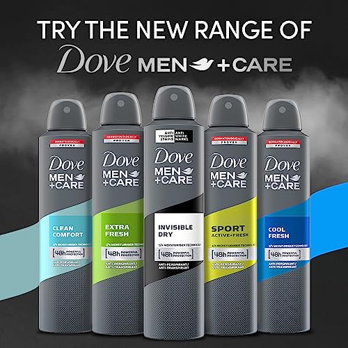 Image of Dove Men+Care Invisible Dry Spray Antiperspirant Deodorant, Up To 48 hrs Protection From Sweat & Odour, Instantly Dry for Cleaner Feel & Leaves No White Marks or Stain, Soothes & Moisturises Skin, Warm, Oriental Scent, 250ml (Pack of 3)
