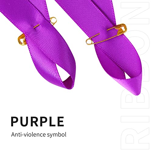 Image of 200 Pieces Purple Satin Awareness Ribbons with Safety Pins 1.4 x 3 inch