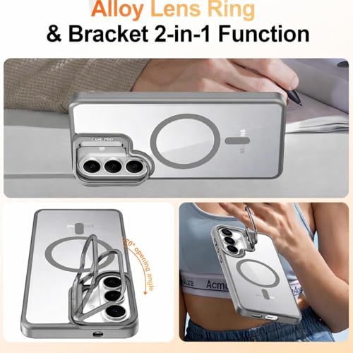 Image of VONZEE Compatible for Samsung S26 Plus 5G Case, Compatible with MagSafe, Military-Grade Protective Case, Built-in Stash Stand Phone Case, Scratch-Resistant Back Cover, Classic Series|Clear Grey