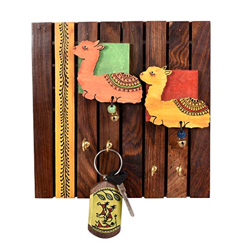 Image of Aakriti Art Creations Key Holder, Handcrafted Tribal Art Wooden Strips & Birds Design Key Hanger| Rustic Wood Wall Organizer with 4 Hooks | Storage Shelf For Keys, Hats| Multifunctional Entryway Decor