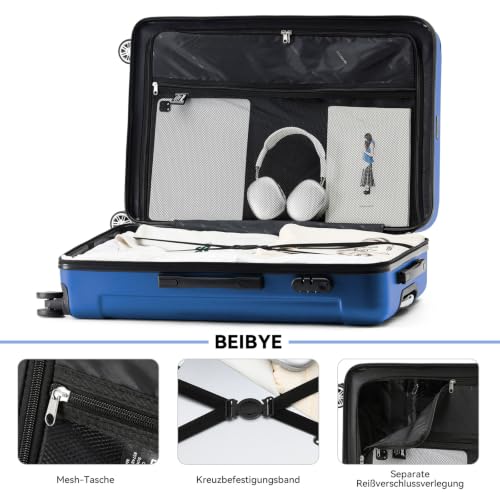 BEIBYE Handgepäck Koffer M 55 cm – Kabinenkoffer aus ABS, leicht, 360° Doppelrollen, Reisekoffer für Kurzreisen, Blau – Ansicht 6