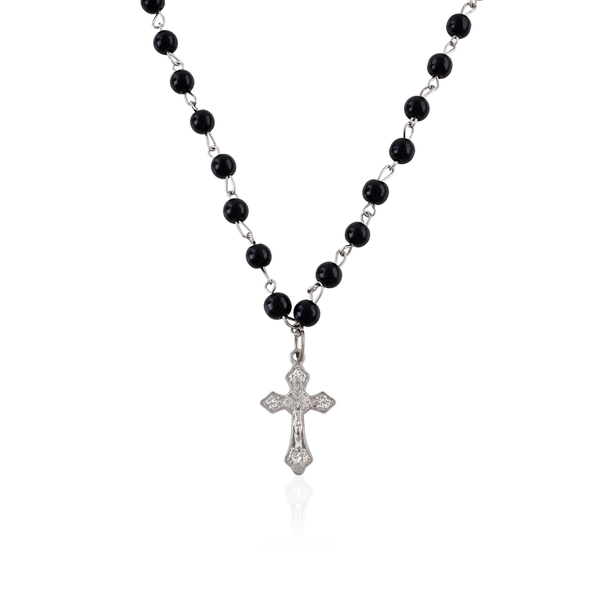 Silver Plated Cross Pendant Black Beaded Chain Necklace for Men Women-image-19