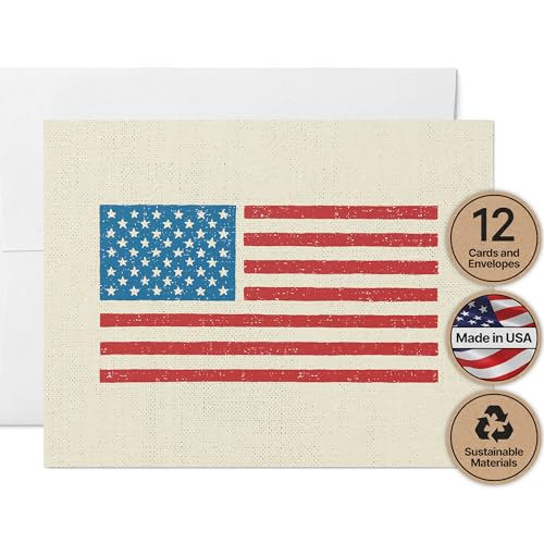 Image of Twigs Paper American Flag Note Cards, 12-Count, 5.5 x 4.25 in, Ideal for Memorial Day, Fourth of July, and Patriotic Occasions | Small size, blank inside, matching envelopes, for Memorial Day & July 4th, red, white & blue