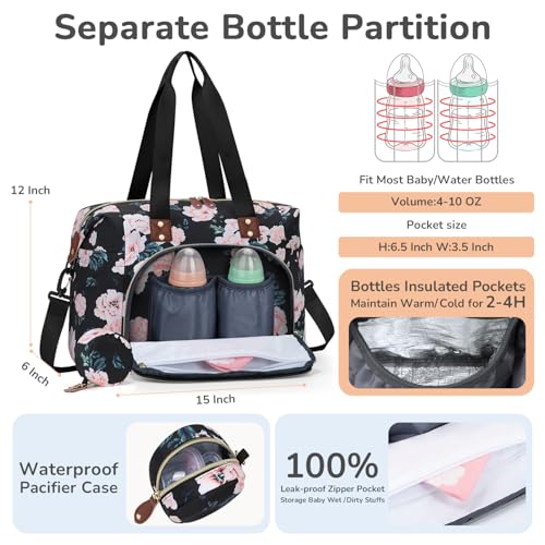 Image of Tenot Diaper Bag Tote with Pacifier Case, Baby Bag for Women with Shoulder Straps, Travel Diaper Tote for for Mom and Dad Medium Size, Black Pink Floral