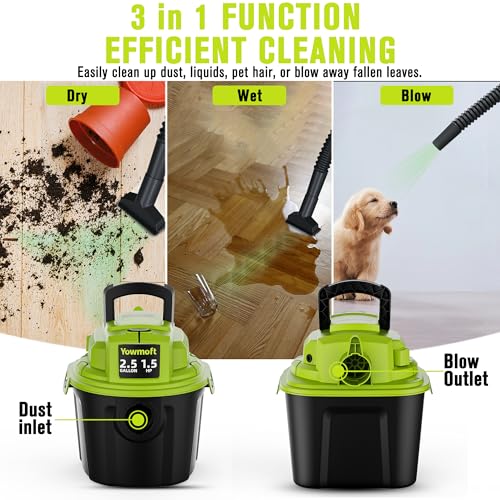 Image of YWDV25B 2.5 Gallon Small Shop Vac 1.5 Peak HP Mini Wet Dry Vac with Blowing Function, 15Ft of Cleaning Reach, 3 in 1 Portable Compact Shop Vacuum for Hose and Attachments for Home Floor /Car /Garage