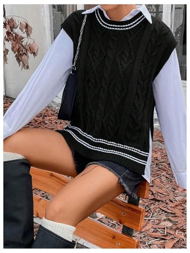 OYOANGLE Women's Cable Knit Round Neck Sleeveless Sweater Vests Side Split Casual Pullover Tops3