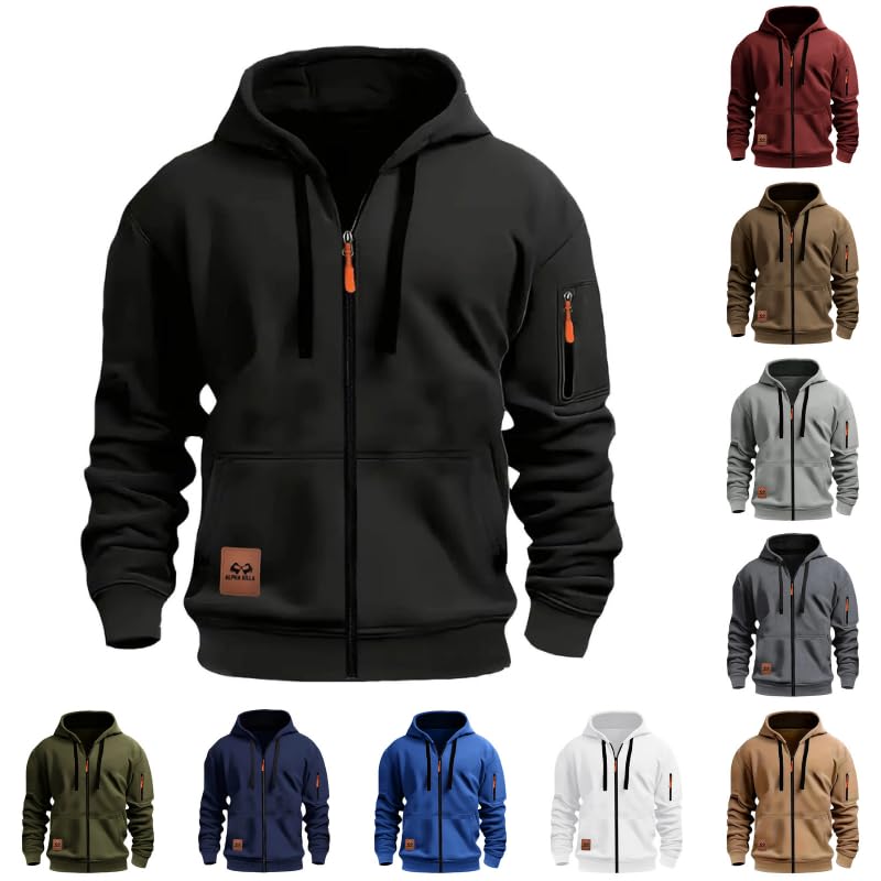 Men's Hooded Sweatshirt with Zip, Solid Colour, Sweatshirts with Pockets and Elastic Cuffs, Lightweight and Functional Simple Stylish Classic Casual Sweatshirt, Sports Sweatshirt, Autumn and Winter