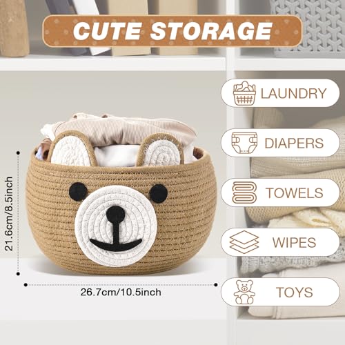Image of Zopeal Bear Basket Baby Gift Basket for Nursery with Gift Bags and Ribbons, Cotton Rope Woven Organizer for Baby Shower, Living Room Bathroom Decor,10.5 inch D x 8.5 inch H(Khaki)