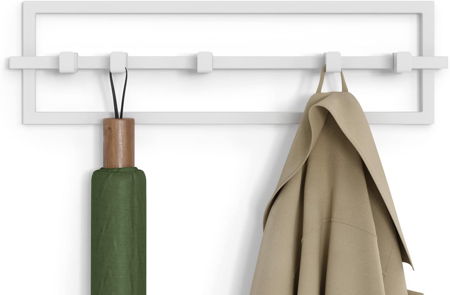 Umbra Cubiko Wall Mounted Modern, Sleek, Space-Saving Hanger with Retractable Hooks to Hang Coats, Scarves, Purses and More, 5, White