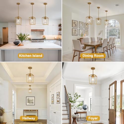 Image of 3 Pack Gold Pendant Lights, Modern Farmhouse Kitchen Pendant Lighting Over Island, Metal Cage Hanging Lights with Clear Glass Shade for Kitchen Island, Dining Room, Entryway, Hallway