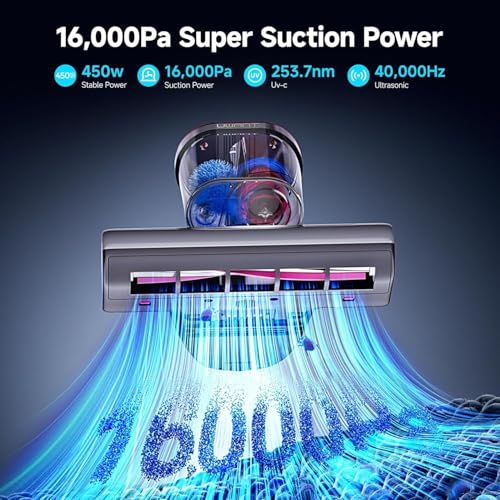 Image of uwant 16Kpa Mattress Vacuum Cleaner 450W Powerful Bed Vacuum Set of 1 | 36000RPM Tap Bed Vacuum, 253.7 UV-C Light, 149℉ Hot Air, Dust Indicator Mattress Vacuum with HEPA Filter, Dual Cup for Bed