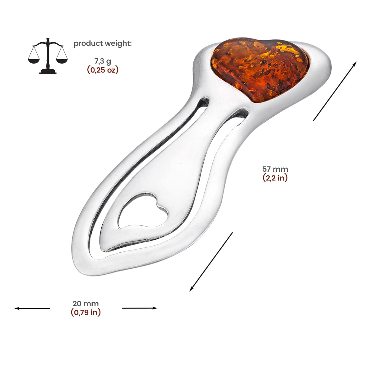 Segnalibro, Argento Sterling Lucidato con Nanocopertura Protettiva, Cuore D'ambra Color Cognac, Segnalibro in Argento con Cuore D'ambra L. 5,7 cm