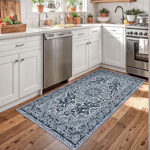 KUTA 3x5 Vintage Area Rug, Vintage Floral Rugs for Living Room Navy Blue Washable Kitchen Non-Slip, Ultra Soft Printed Medallion Tribal Entry Low-Pile Carpet for Bedroom Nursery Dorm Décor