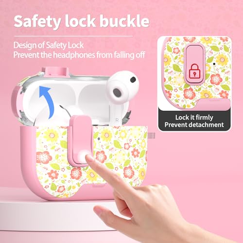 Image of for AirPods Pro 3 Case with Lock & Phone Stand,Cute Floral Pattern Style | PC & TPU Dual Layer Protective Cover with Keychain & Cleaner Pen for Apple AirPod Pro 3rd Generation Women (Rhubarb Petals)