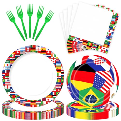 Bymugo 96 Pieces Soccer Plates and Napkins Set International Flags Disposable Tableware with Green Forks for Football Theme Game Day Birthday Sports Party Supplies Serves 24