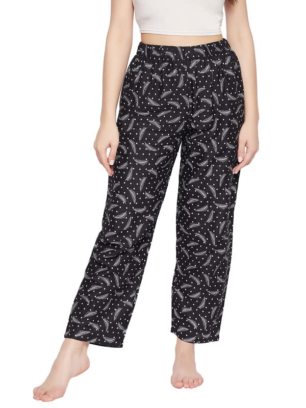 Clovia Women's Rayon Leaf Print Pyjama In Black