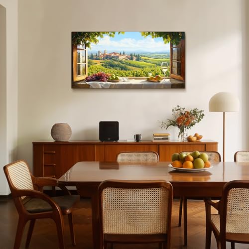 crmotu Vineyard Faux Window Wall Art, Italian Countryside Landscape Large Artwork, Grape Fields Prints Kitchen Wall Decor, Rustic Charm Pictures for Living Room Dining Room No-window Room 24x48 Inch