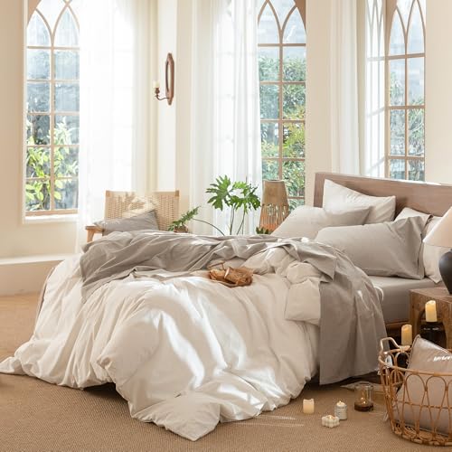 Image of MooMee Bedding Sheet Set 100% Washed Cotton Linen Like Textured Breathable Durable Soft Comfy (Heathered Tannish Linen Grey, King)