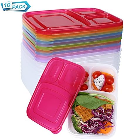 Plastic Meal Prep Containers Food Containers 3 Compartment Lunch Bento Box with Lids BPA-Free,Reusable,Microwave,Stackable,Freezer,32oz【10 Pack】