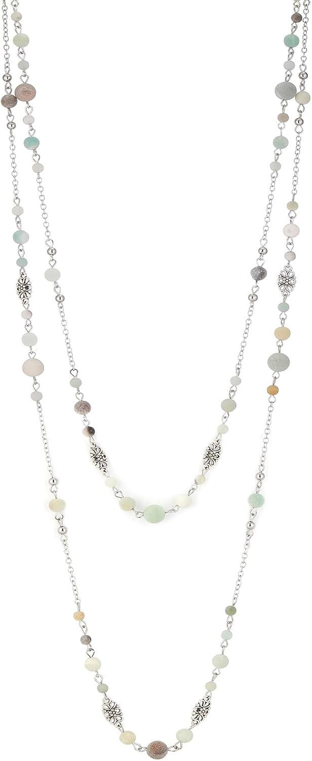 Long Beaded Silver Necklaces for Women Layered Long Statement Necklace with Stone Pearl Beads Double Sweater Chain Costume Jewelry for Women