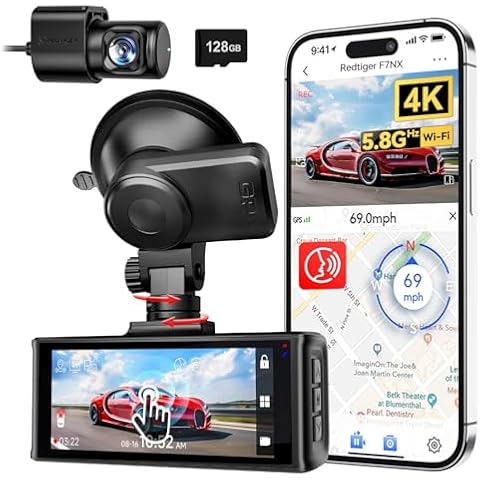 REDTIGER 4K Dash Cam Front Rear, 5.8GHz WiFi APP Control, Voice Control, Included 128GB Card, 3.18'' Touch Screen, Dash Camera for Cars with GPS, WDR Night Vision, 24H Parking Monitor(F7NX) Cover