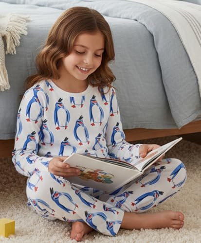 Image of ANTHRILO Penguin Print Girls Long Sleeve Pyjama Set - White | 8-9 Years