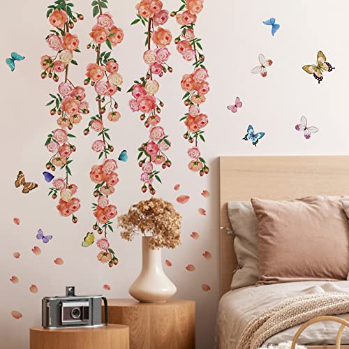 Runtoo Flower Vine Rose Wall Art Decals Peony Floral Wall Stickers for Living Room Girls Bedroom Nursery Wall Decor