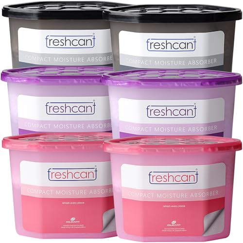Image of freshcant Compact Moisture Absorber Refresh Every Place, Dehumidifier for Wardrobe /Closets, Storage Compartment, Cupboard, Almirah, Shoe Rack, Bathroom Uses (COMBO PACK OF 6 -2 LAVENDER, 2 ROSE & 2 CHARCOAL)