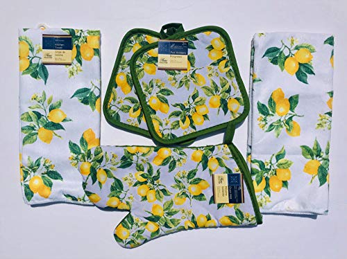 Home Collection Lemon Kitchen 5 Piece Towel Set - 2 Towels, 2 potholders, 1 Oven Mitt