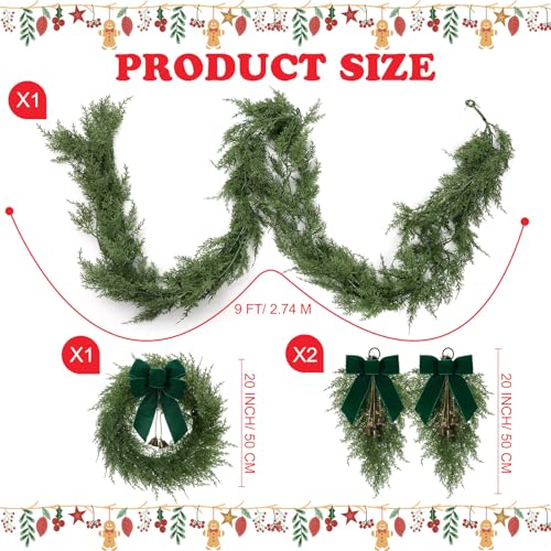 Daifunli 4 Pcs Artificial Christmas Wreath Garland Set Include 20 Xmas Cedar Pine Wreath with Green Bow 2 Christmas Teardrop Swag 9ft Garland for Xmas Celebration Front Door