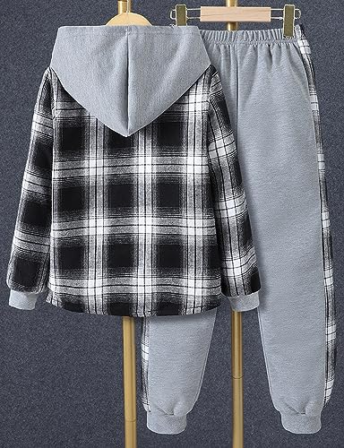 Image of Little Boys Two Pieces Outfit Kids Plaid Color Front Button Down Hoodie Sweatshirt and Jogger Sweatpants Sets