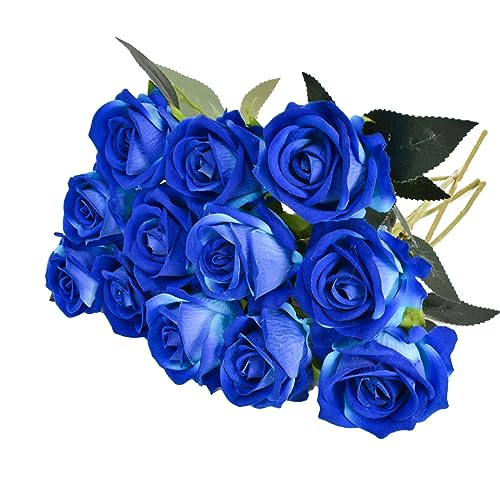 12個 シルクフラワー リアルなバラブーケ ロングステム ホームウェディングデコレーション パーティー用 バラの造花 入り シングルステム フェイクフラワー ブライダルウェディングブーケ リアルな花 30CM 長い茎のフェイクローズ リアルなフェイクローズブーケ ブライダルシャワー フラワーアレンジメント パーティー ホームテーブル装飾 (ブルー)