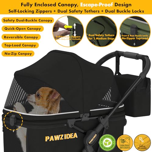Image of PAWZIDEA Dog Stroller for Large Dogs Up to 80 lbs, No-Zip 180 Reversible Canopy, One-Hand Foldable Pet Stroller for 2 Medium Dogs, Heavy Duty & Low-Entry, All-Terrain Jogger Wheels, Storage Organizer