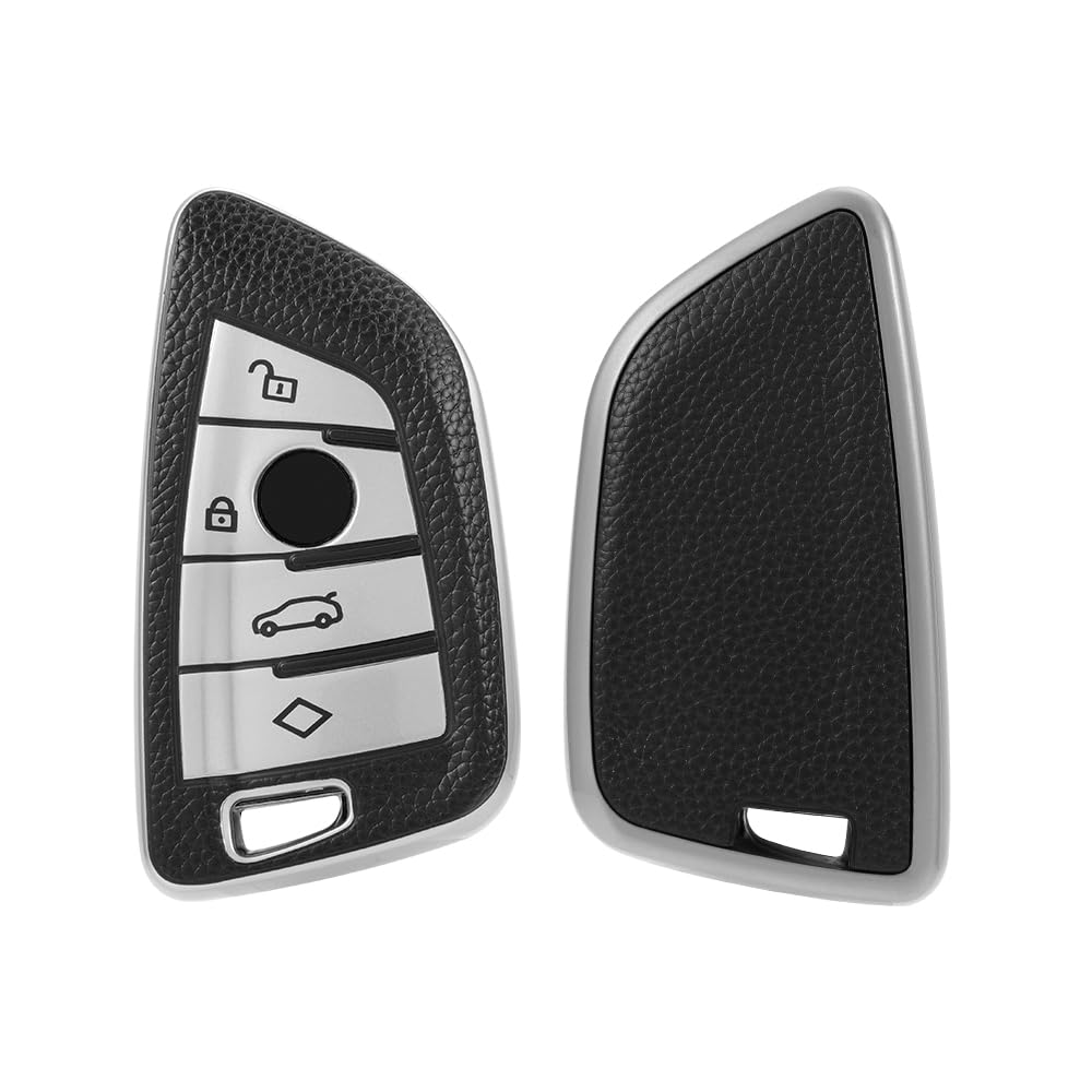 Keyzone Leather TPU car Key Cover Compatible for BMW X1, X3, X6, X5, 5 Series, 6 Series, 7 Series 4 Button smart Key (Black)