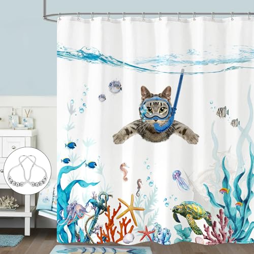 Fowocu Funny Cat Shower Curtain Teal Blue Sea Ocean Waterproof Fabric Shower Curtains for Bathroom with Animal Octopus Starfish Turtle Anchor Fish Nautical Bath Curtain Decor (72''×72'')