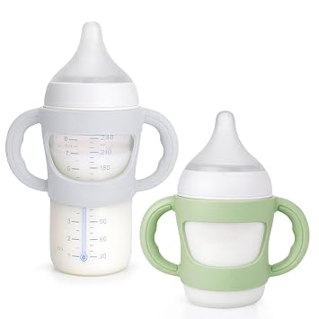 BUSOHA 2 Pack Silicone Sleeves for NUK Bottles - Baby Bottles Sleeves Compatible with NUK Baby Bottles Easy-Grip Removable Handle for Silicone Bottle 4oz and 8oz,Green+Gray