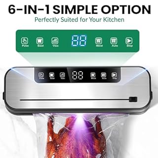 6 in 1 Macchina Sottovuoto Alimenti, 75 KPA Macchina Per Sottovuoto Professionale con Taglierina Incorporata e Modalità Vuoto Esterno, Display Digitale a LED Visibile, 50 Sacchetti Sottovuoto Alimenti