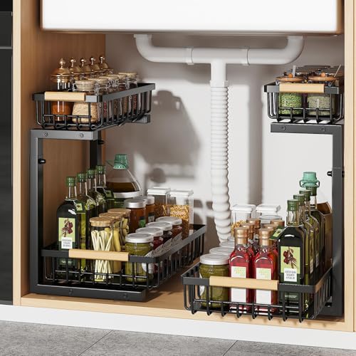 JOUING 2 Paquete Almacenaje Bajo Fregadero de Metal Organizador Cocina 2 Niveles con Mango de Madera Cajones Extraible Altura Regulable Estante de Almacenamiento para Cocina, Baño (Negro, 2 Unidades)