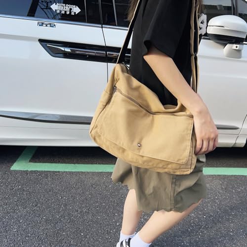 Image of Cotton Tote Handbag Women Canvas Crossbody Beach Bag Hobo Shoulder Tote Bag with 3 External Pocket,Zipper Closure