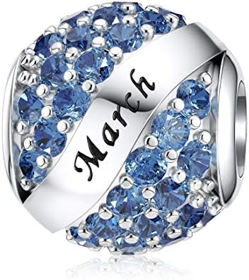 JIAYIQI March Birthstone Charms for Pandora Charms Bracelet 925 Sterling Silver Bead Openwork Charms Happy Birthday Charms for Bracelet and Necklace