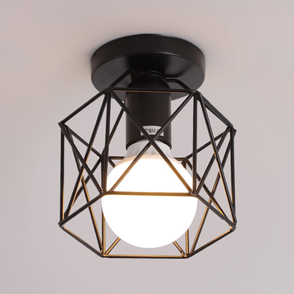 Vintage Ceiling Light Flush Mount Black Iron Lampshade Industrial Pendant Light Grid Cage,for Hallway Bedroom Kitchen Living Room Wine Cellar Warehouse Coffee Shop bar E27 Pendant Lights (C)