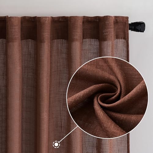 MIULEE Chocolate Brown Linen Curtains 84 Inch Length 2 Panels for Bedroom Living Room, Soft Thick Linen Textured Natural Window Drapes Semi Sheer Light Filtering Back Tab Rod Pocket Burlap Look Decor
