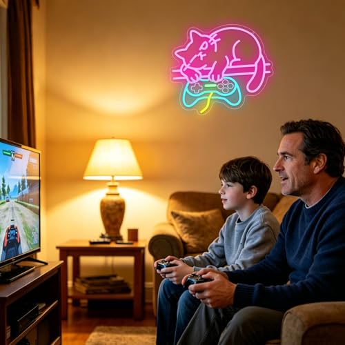 Image of Game Cat Neon Sign, Gamer Neon Signs for Wall Decor, Pink Cat Gamepad Shape LED Light Sign Dimmable Light Up Signs for Game Room Bedroom Cat Lovers and Gamers