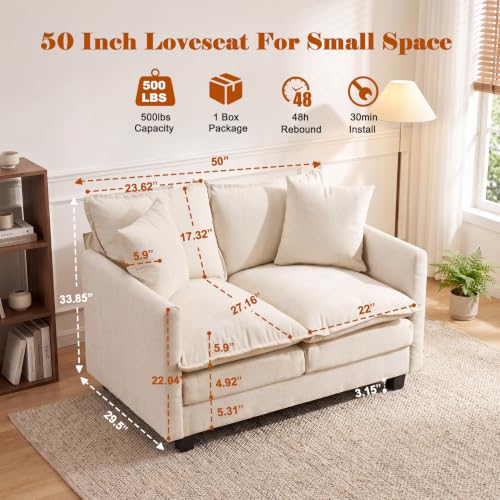 Image of 50'' Loveseat Sofa Set, Small Couch Set 2 Piece Cloud Love Seat with 27 inch Deep Seat Washable Chenille Pillows Couches for Small Spaces Apartment Living Room, Beige