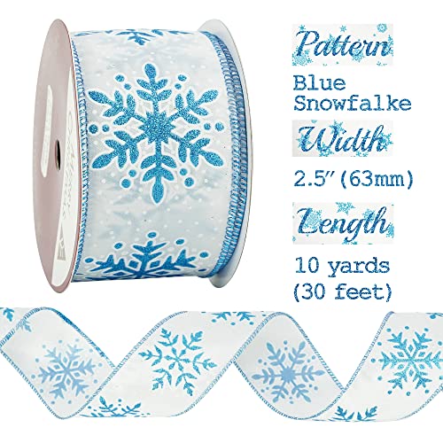 MEEDEE Blaues Schneeflockenband, weißes Band mit blauem Glitzer-Schneeflockenband, 6.3 cm, Weihnachtsband… – Ansicht 2